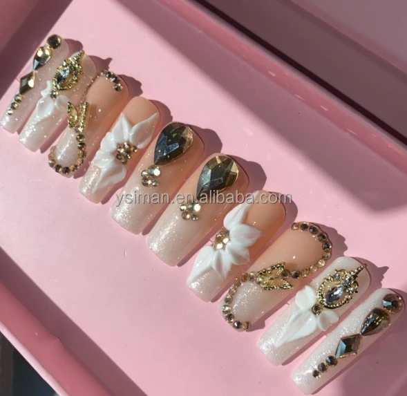 *Deluxe Top-Quality Signature Long Chrome Handmade Press On Nails False Full Cover Sparkling French Decorated Tips