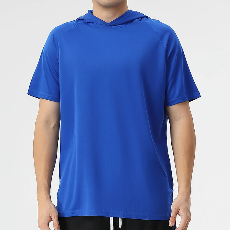 100% Polyester Short Sleeve Gym Shirt Hooded Men Side Split Quick Dry Shirt Wholesale Blank Sport T Shirt