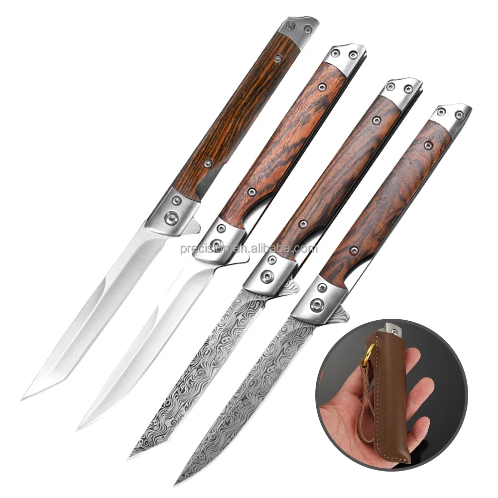 Оптовая продажа деревянная ручка EDC KnivesTanto Damascus Pattern лезвие самообороны складной карманный нож с кожаным футляром