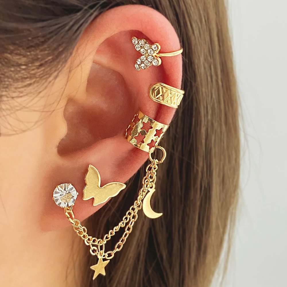 VKME Fashion Star Moon Crystal Earrings Gold Plated Butterfly Ear Cuff Set For Women Jewelry