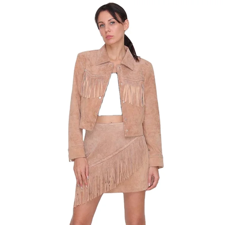 Женская кожаная куртка с бахромой Fit shape pig split, с бахромой спереди и сзади