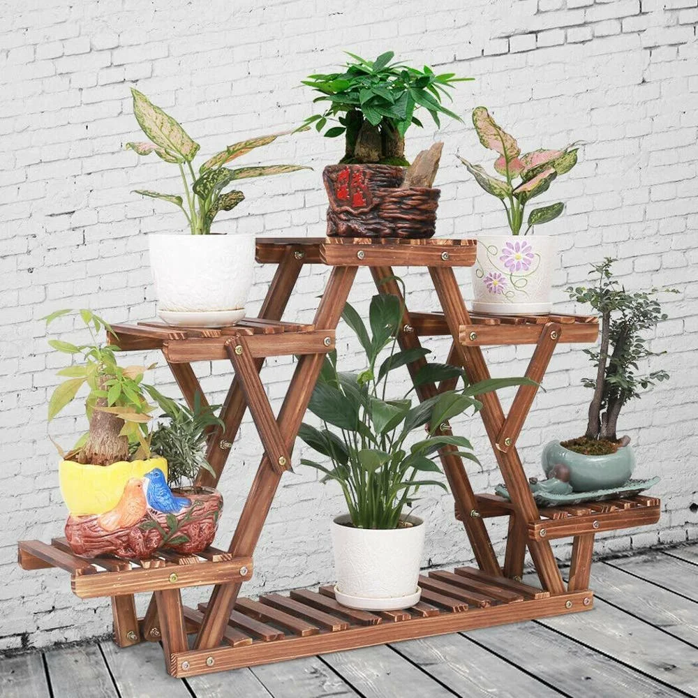 Wooden Plant Stand 6 Tier Bonsai Flower Display Shelf Carbonized Wood for Outdoor Plant Shelf