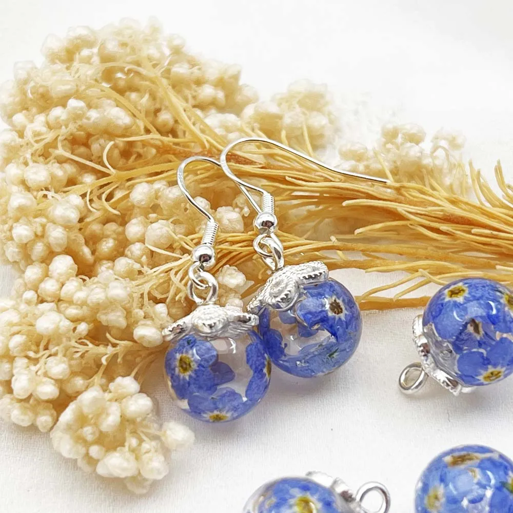 Clear Real Floral Shape Pressed Forget Me Not Fashion Pendant Cheap Glass S925 Resin Flower Earrings