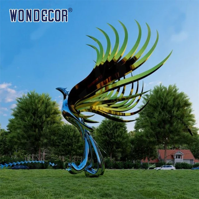 WONDECOR Modern large outdoor forged metal stainless steel phoenix sculpture