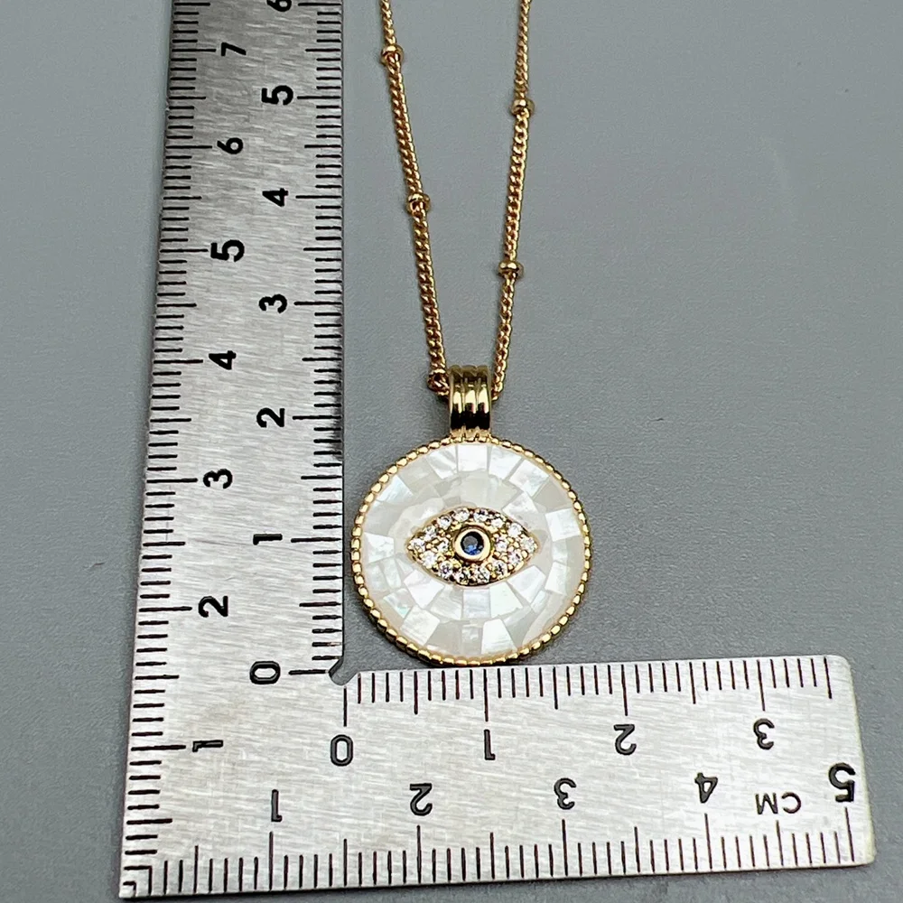 Wholesale Custom Round Pink Sea Shell Crystal Zircon Evil Eye Necklace Women PVD 18k Gold Plated Jewelry