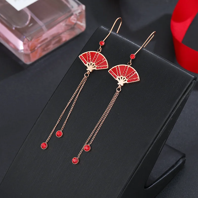 New Chinese style red fan tassel earrings fashion long earrings trend