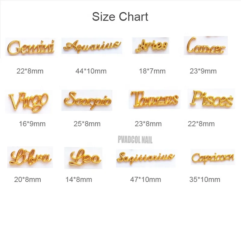 12pcs Nail Art Charm 3D Alloy Gold Constellation Letters Shape Crystal Rhinestone Press On Tips Decoration