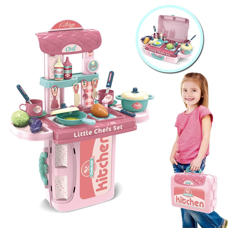 3 in 1 funny little chef girls toy kitchen play set in carry case/table cooking pretend play toy set for kids