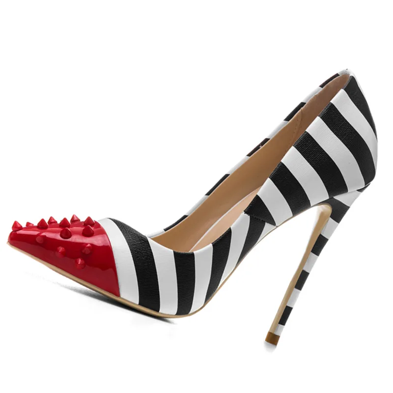 Black White Stripes Pointed Toe Slip On Zebra High Heel Woman Pumps Shoes 2020