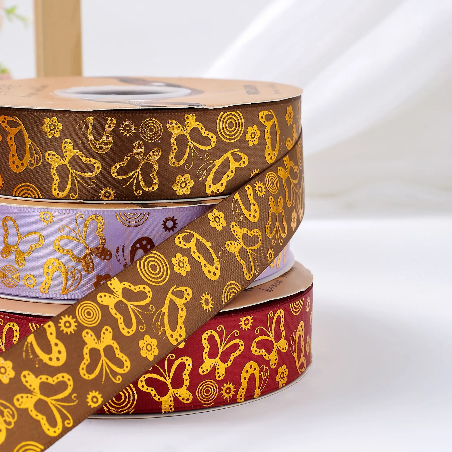 Factory custom polyester band butterfly bronzing fine printed diy patterns gift box decorative accessory ribbon