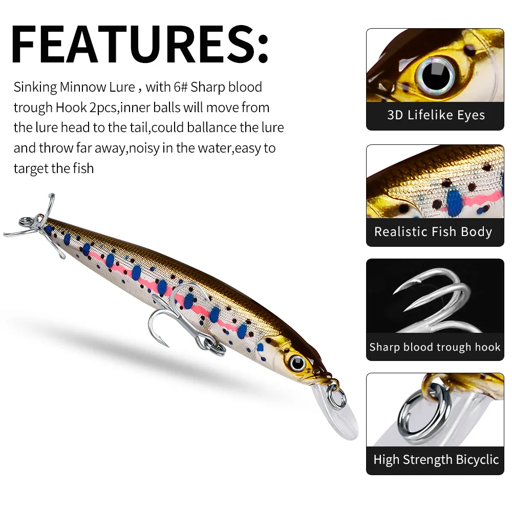 Deep Diving Lures 10.5g 110mm 6Color Mega Bass Lure Pond Reservoir Jerk Bait Lures