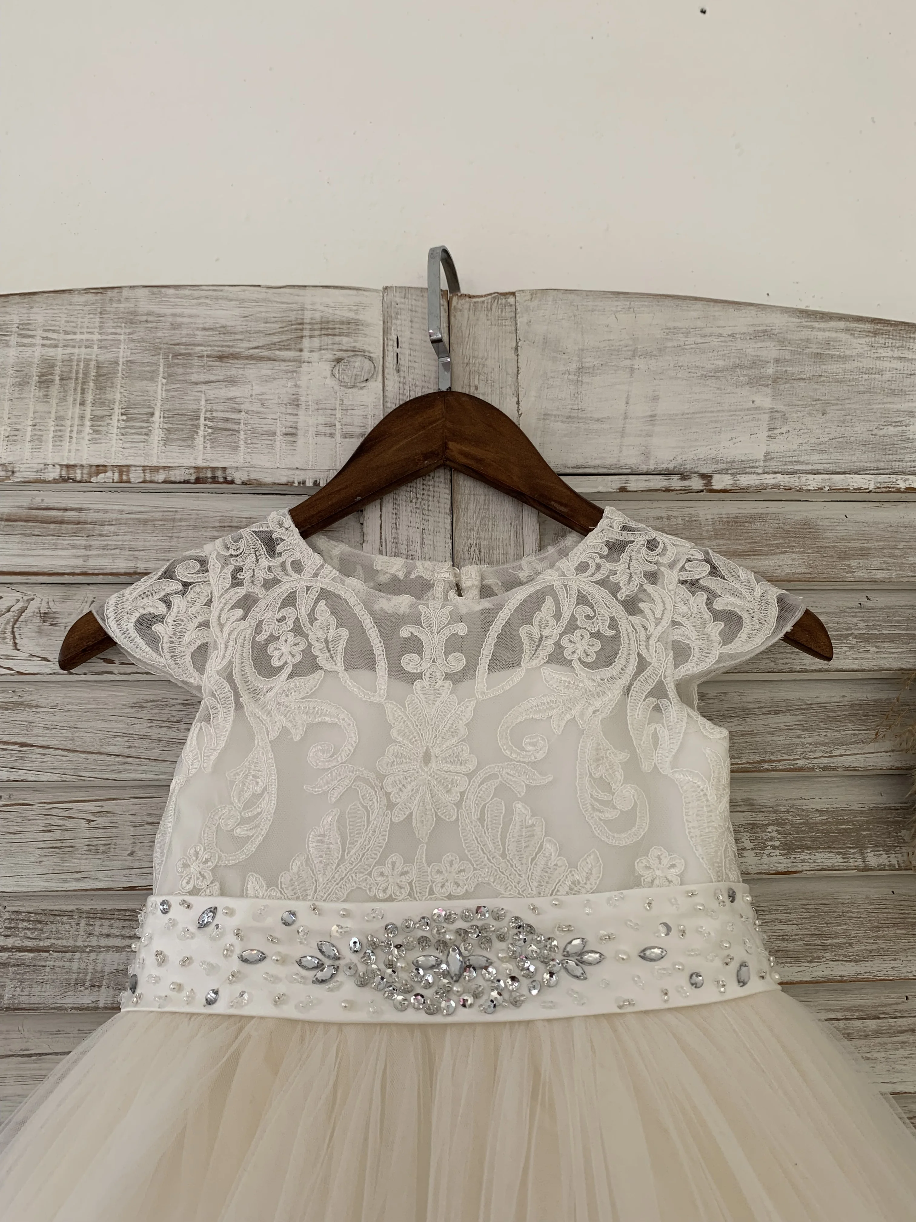 Ivory Lace Champagne Tulle Wedding Flower Girl Dress Kid Birthday Party Dress Couture Ball Gown Dress