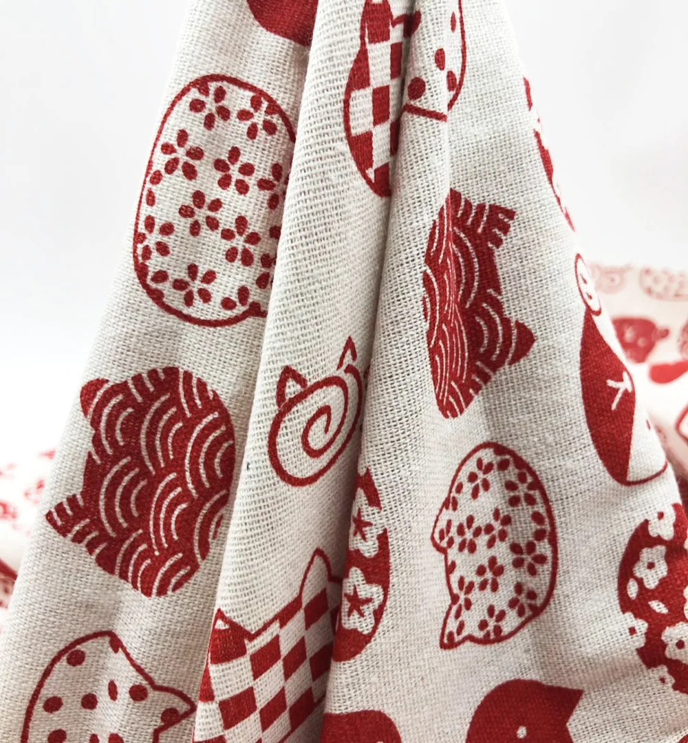 
Spot wholesale 100% linen cotton printed calico red cat printed curtain, sofa, pillow fabric American market 