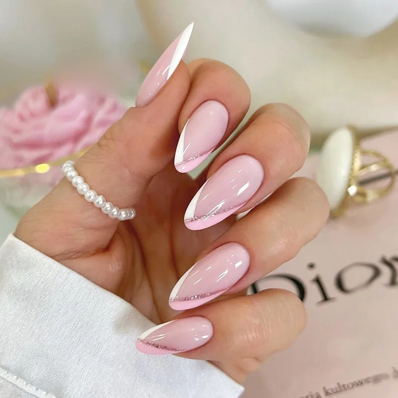 Flash Colorful Bling New Fashion Luxury False Nails Custom Private Label French Tip Press On Nails Set With Glue Pack