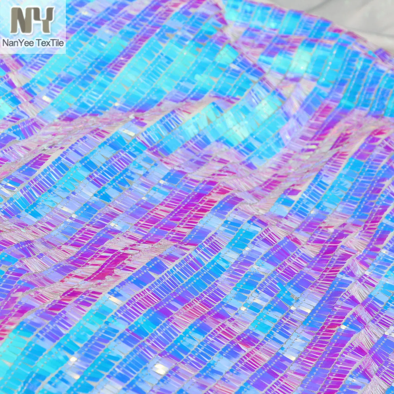 Nanyee Textile 10mm Size Mermaid Blue Iridescent Color Rectangle Sequin Embroidery Fabric