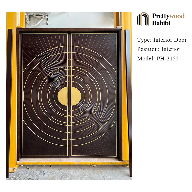Prettywood Prehung Waterproof Luxury Modern Geometry Circle Design Double Swing Solid Wooden Arched Door For Houses