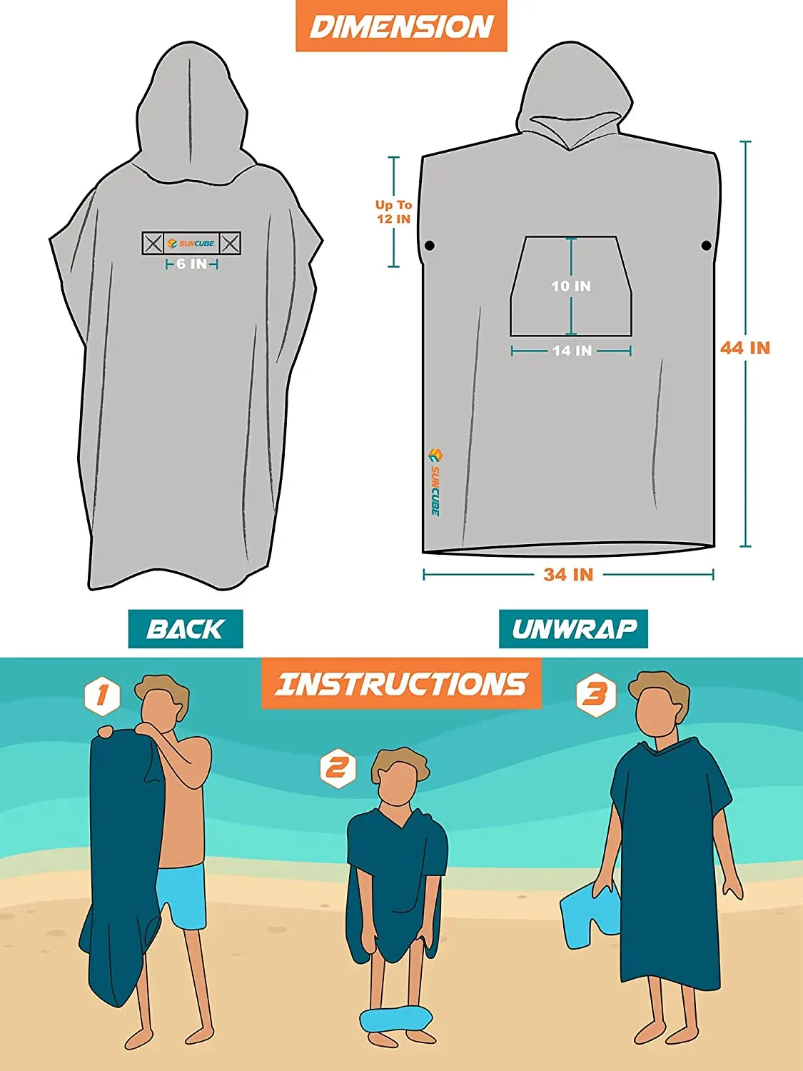 Surf Poncho Changing Robe with Hood Quick Dry Microfiber Wetsuit Changing Towel with Pocket for Surfing Men Women Beach Towel