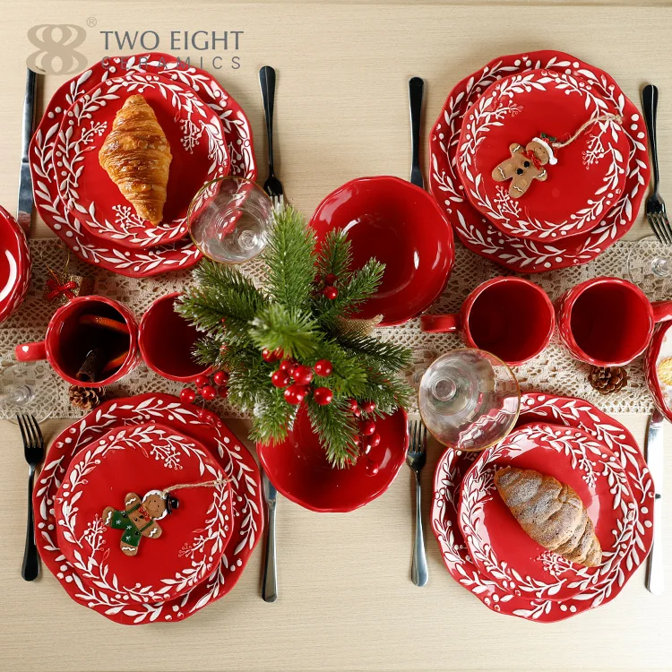 Red Flower Rim Design 16 pcs Christmas Dinnerware Set for 4 person Hote Sale Porcelain Plate Set Dinnware Ceramic Dish Plate Set