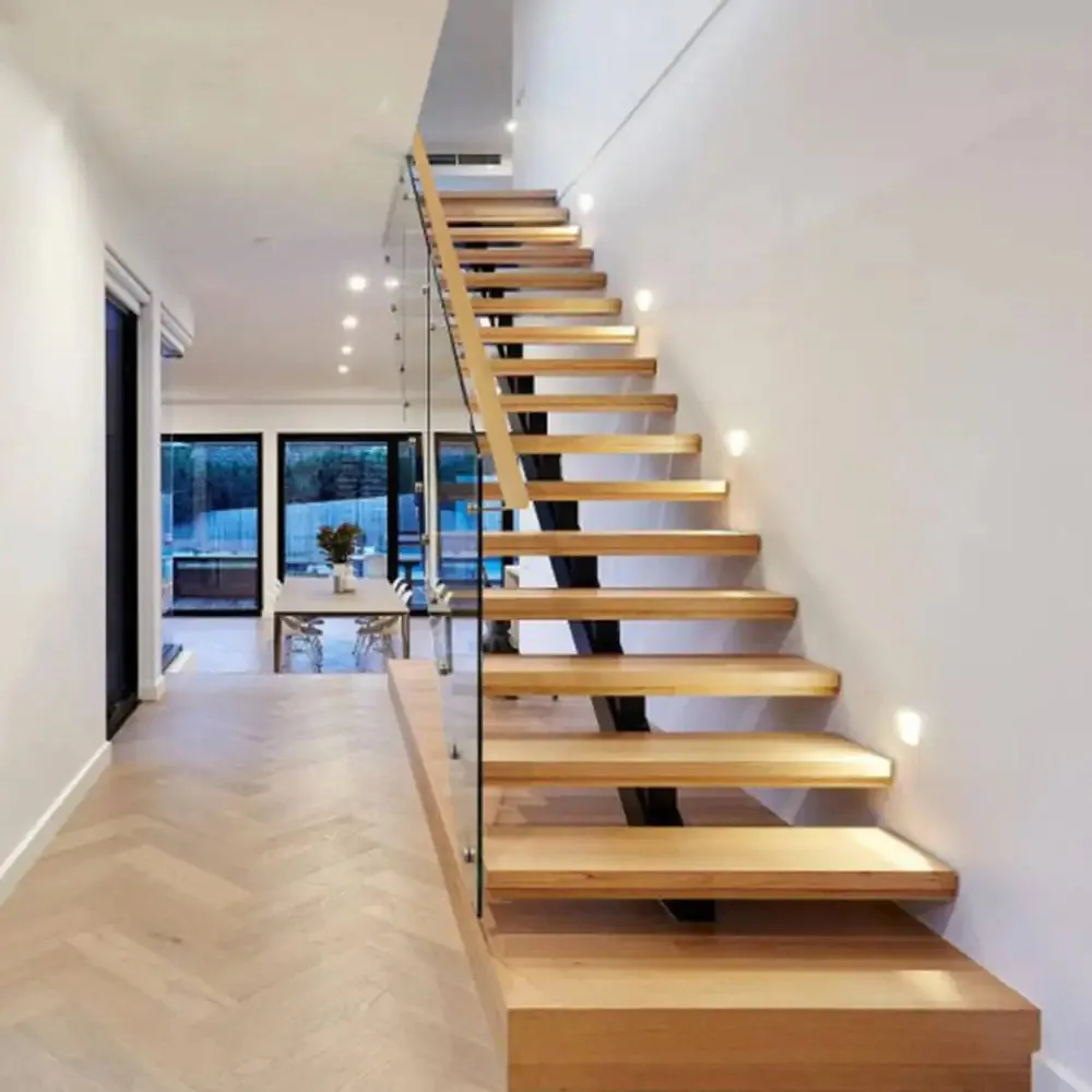 Modern straight wooden stairs design Foshan Factory Straight Staircase Solid Wood Dark Oak Steel Floating Stairs