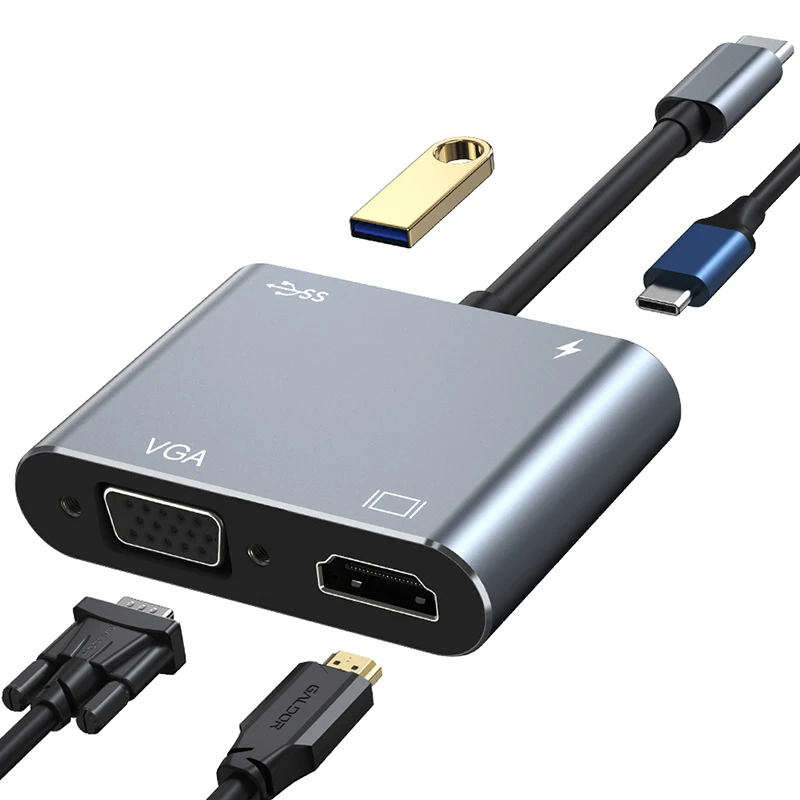 Type C 4 in 1 USB C Hub  4K HDTV VGA Adapter with  USB 3.0  PD Charging for Dell, Asus, HP Laptop, Mac