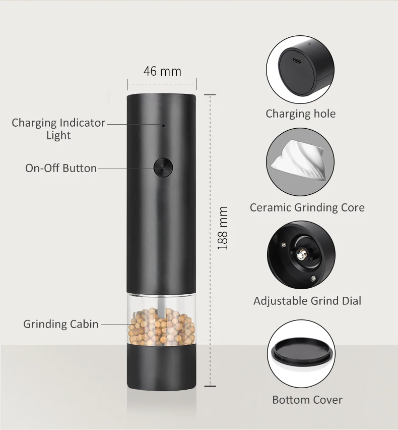 Wedding Gifts for Guests Type-C USB Electric Pepper Grinder Mills Fully Automatic Spice Salt Mill Machine with Ceramic Core