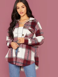 2022 ZY Wholesale Women Plaid Flap Pocket Overshirt Flannel Winter Coat Short Length Button Shirt Jacket