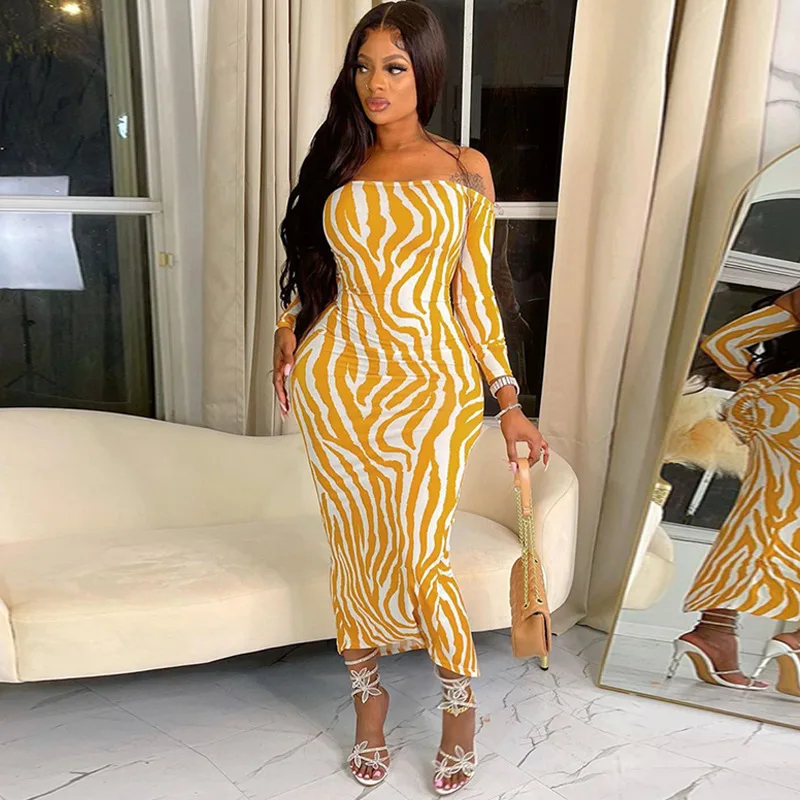 B27461 quality long sleeve maxi zebra backless off shoulder bandage sexy women long dress