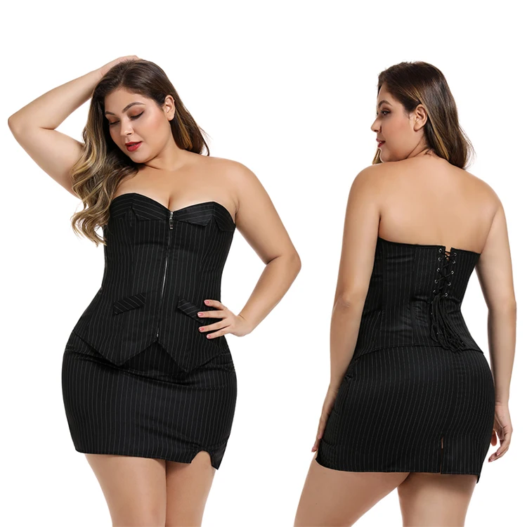 
Top Quality 3 In 1 Front Zipper Black Skirt Set Elastic Boned Overbust Corset For Women 