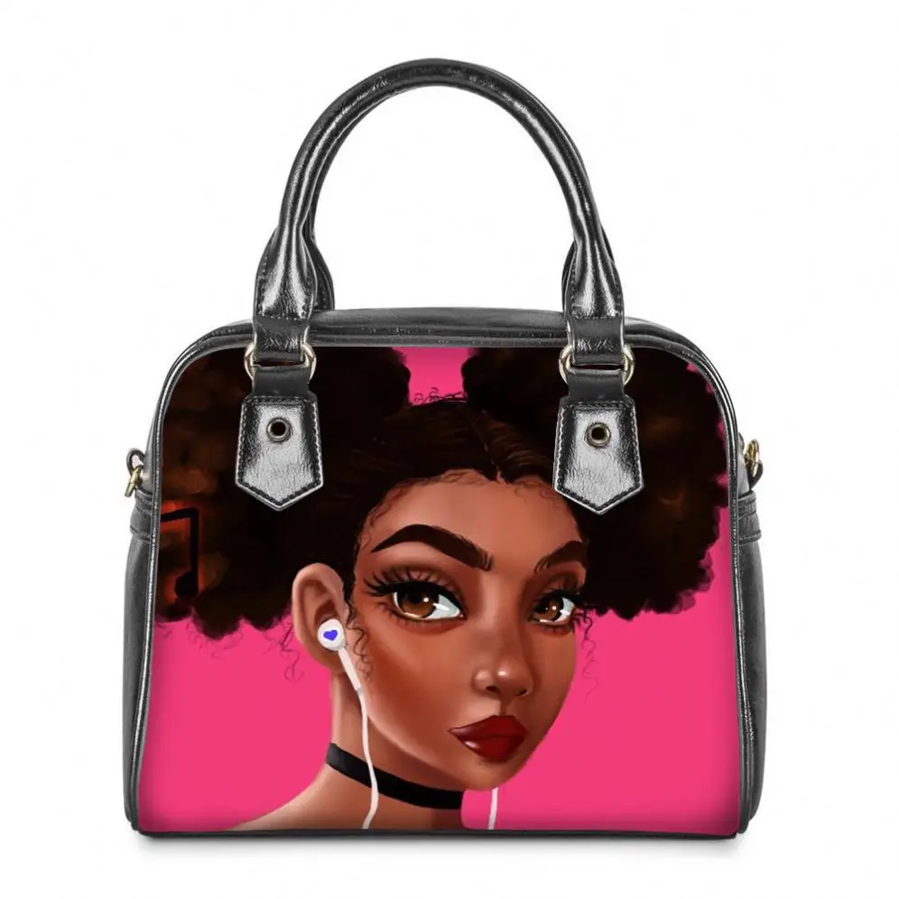 Dropship Black African Girl Printed PU Leather College Girls Shoulder Bag Stylish Print on Demand Fashion Lady Crossbody Handbag