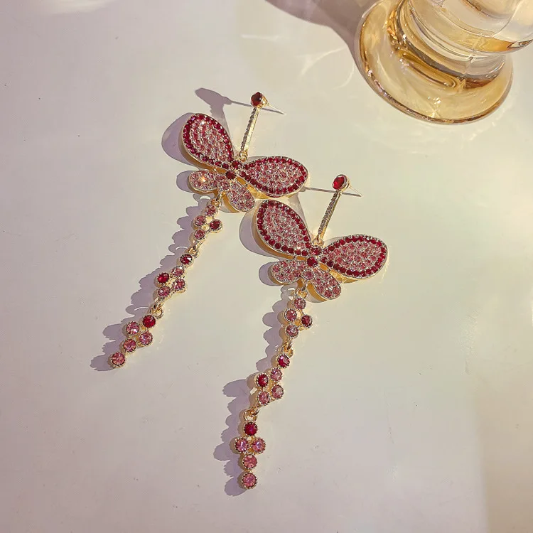 
2021 trendy jewelry red rhinestone butterfly fashion drop earrings women 