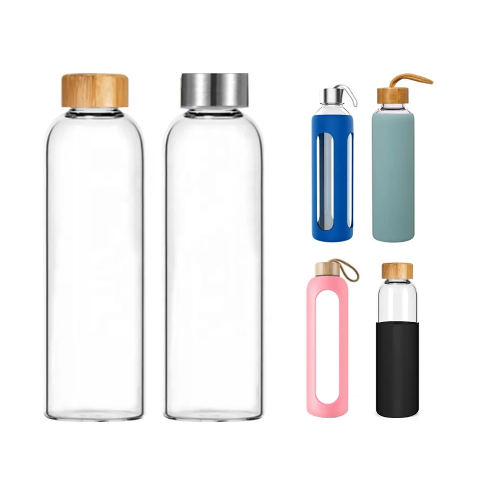 Custom Logo With Metal Bamboo Lid Silicone Sleeve 500ml Clear Container Drinking Frosted 1000ml Borosilicate Glass Water Bottle