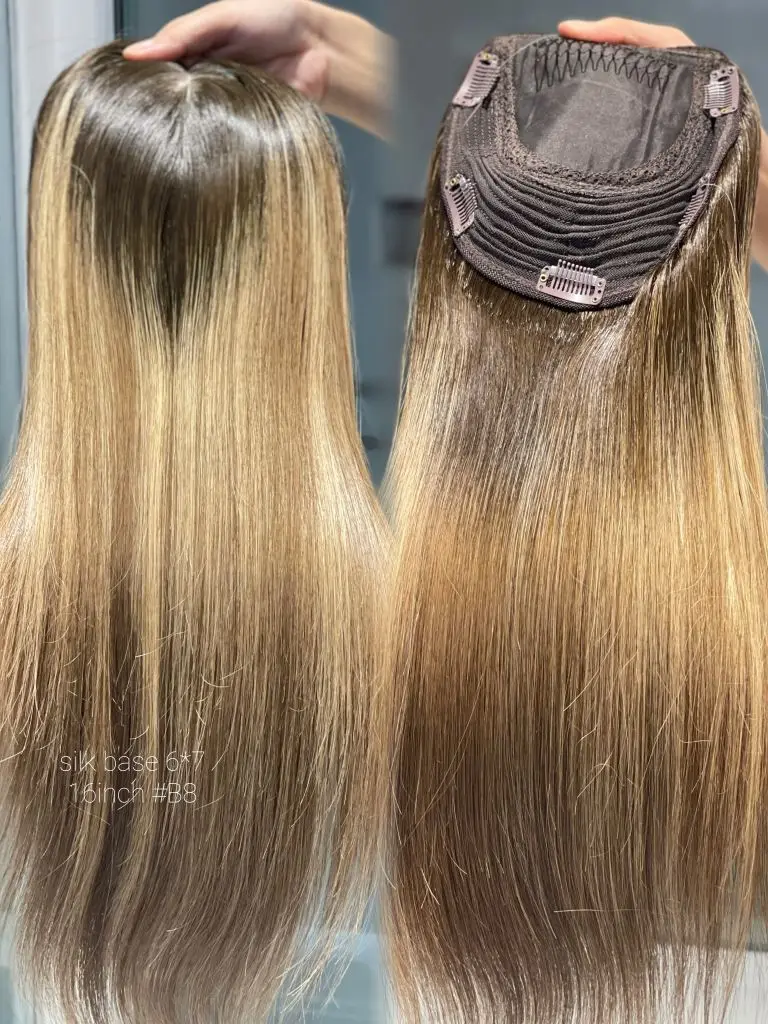 SHY Human Hair Topper Free Part Silk Base Topper Mono 6*7 Silk Top for Clip in Hairpieces #4 Brown Straight Hair Topper