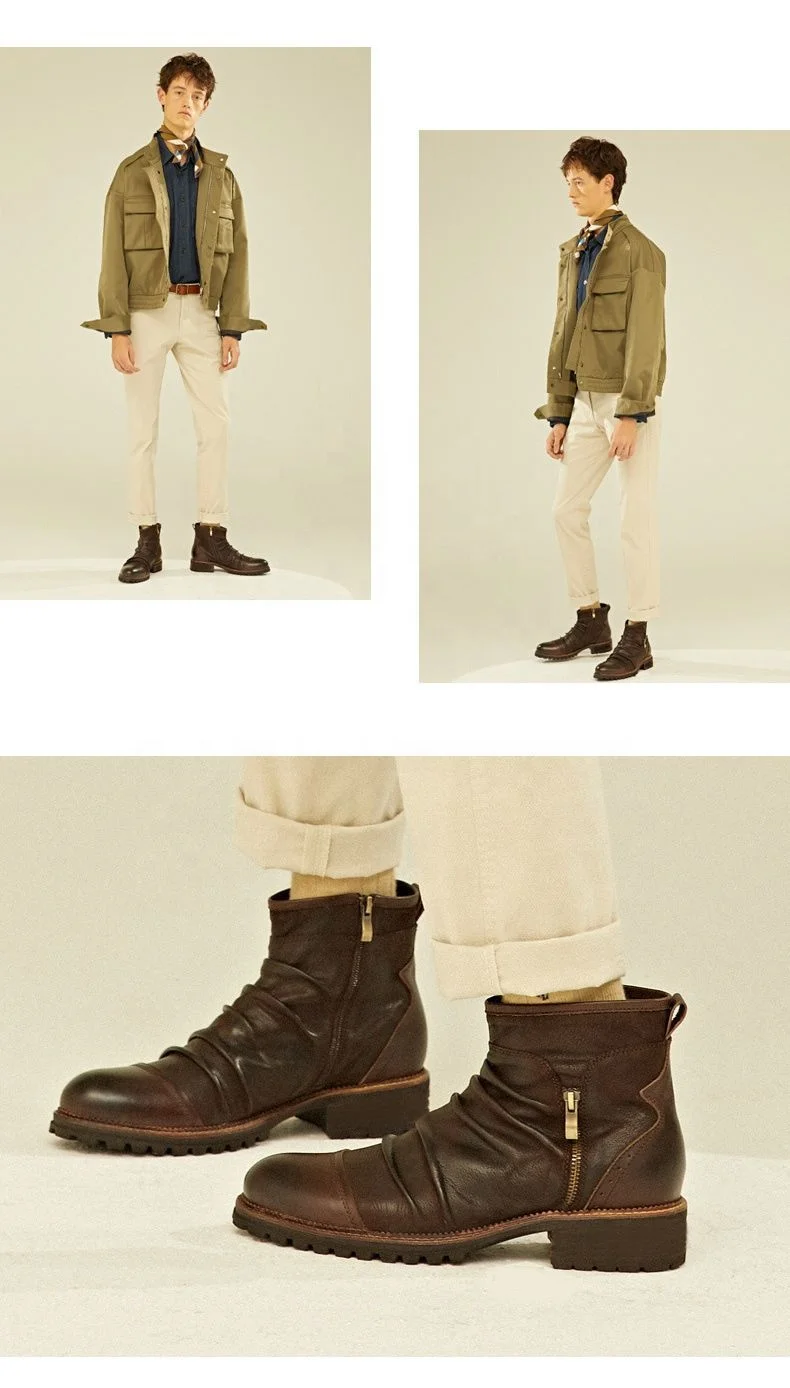 Dynamics Classic Retro Ankle Boots for Men Outdoor Non-Slip Zipper Genuine Leather Desert Boots