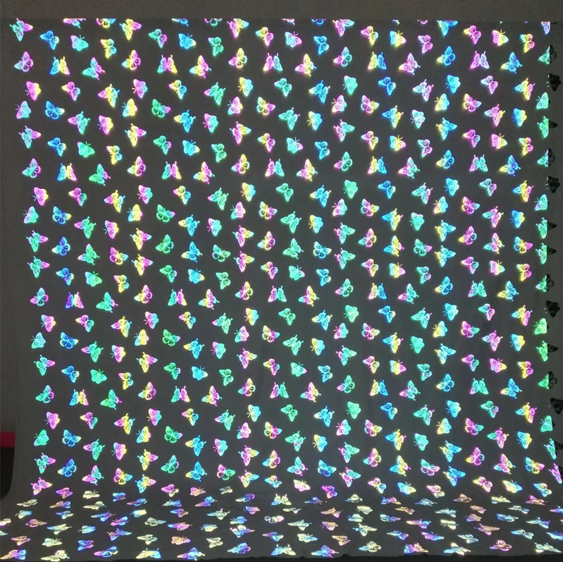
new fashion shiny rainbow multi color butterfly pattern prints elastic stretch reflective textile fabric for dress yoga clothing 