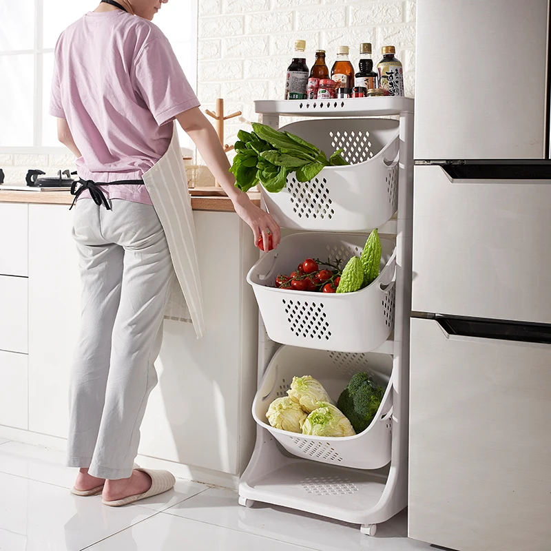 
3 Layers Basket Rolling Multi Purpose Laundry Cart Basket Hamper Bathroom Shelf Plastic Fruit Vegetable Storage Basket 
