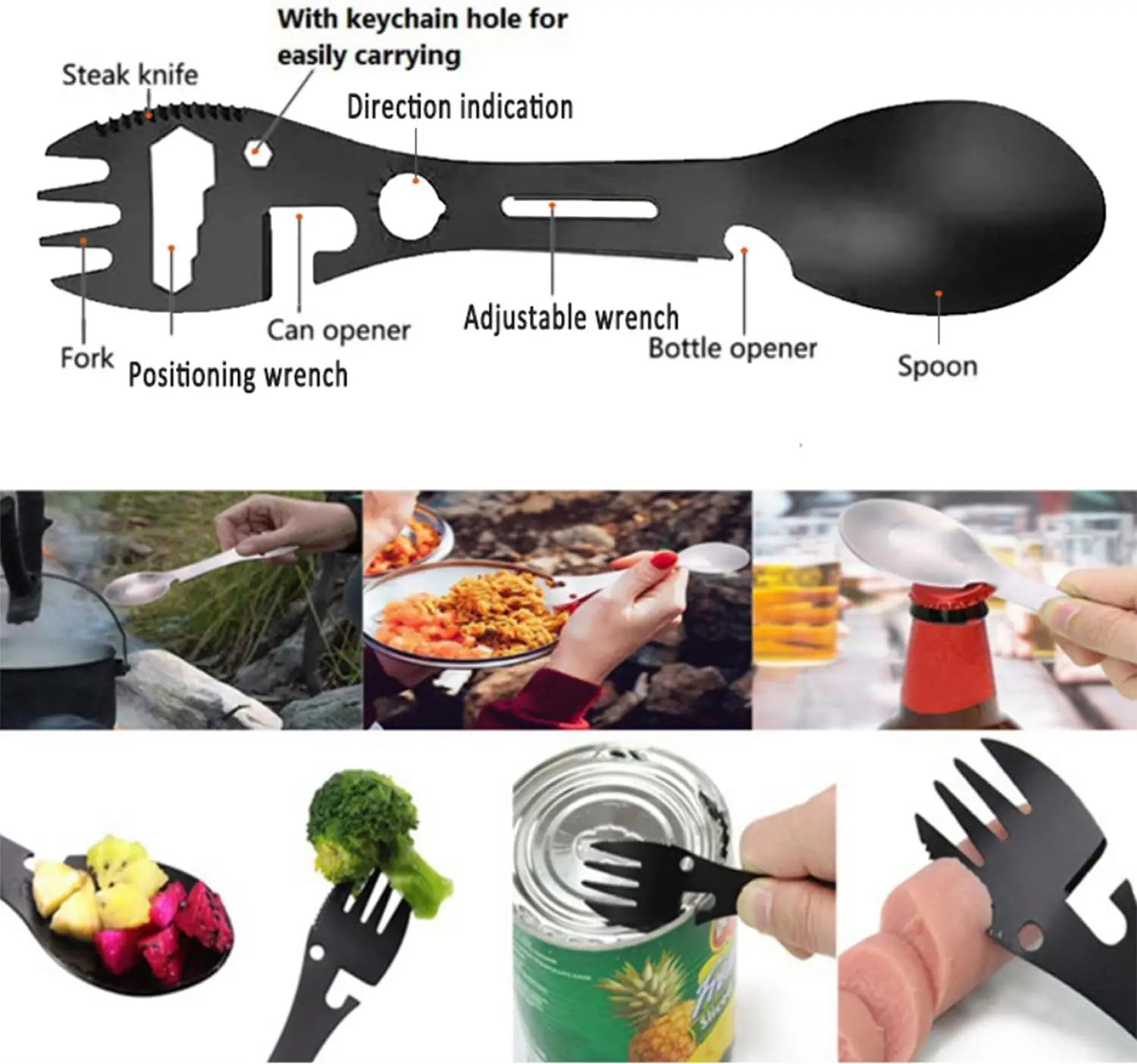 10 in 1 Camping Stainless Steel Multi-Function Spoon Fork Knife Can Opener Wrench Outdoor Hiking Utility Tactical Tableware