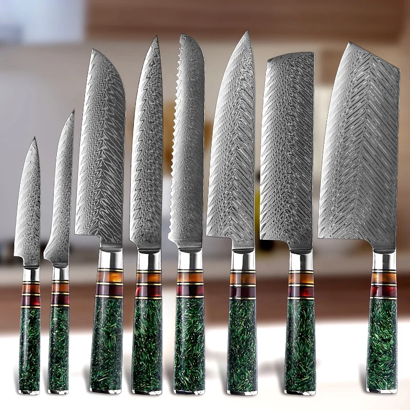 Green Resin Handle Damascus Steel Chef Knife Set De Cuchillos Damascus Kitchen Knife Sets knifes chef