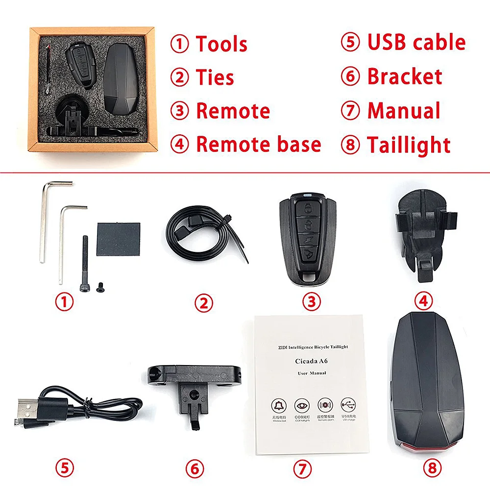 Light bicycle  Mountain Bike LED COB Taillights Lights USB Cable Rechargeable Anti-Theft Alarm Warning with Electric Bell