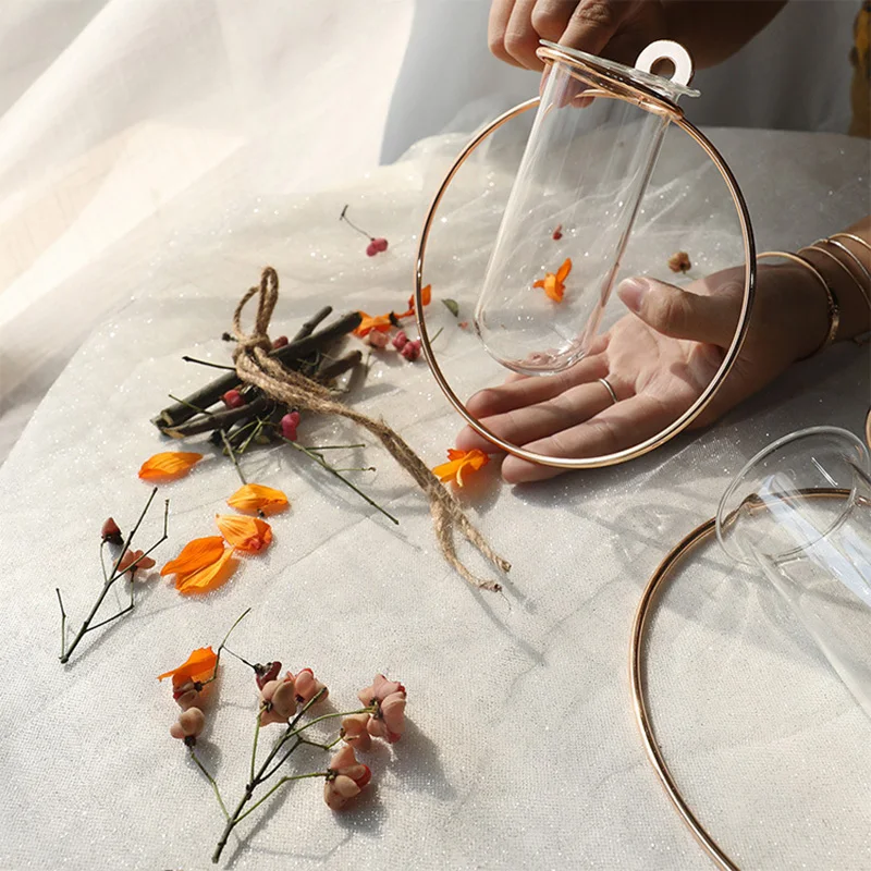 Nordic Geometric Shape Light Luxury Metal Wall Hanging Iron Test Tube Glass Vase Simple Flower Home Decoration