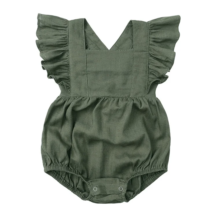 New Arrival Infant Dress Summer Square Neck Snap Button Ruffle-Strap Sleeveless Woven Solid Color Baby Girl Romper clothing