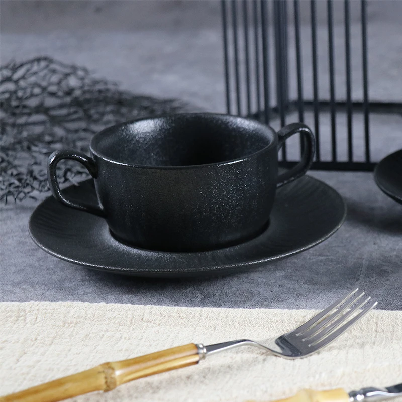 Ceramic Soup Bowl With Plate 12 OZ Corn Chowder Bowls With Handles For Restaurant Hotel