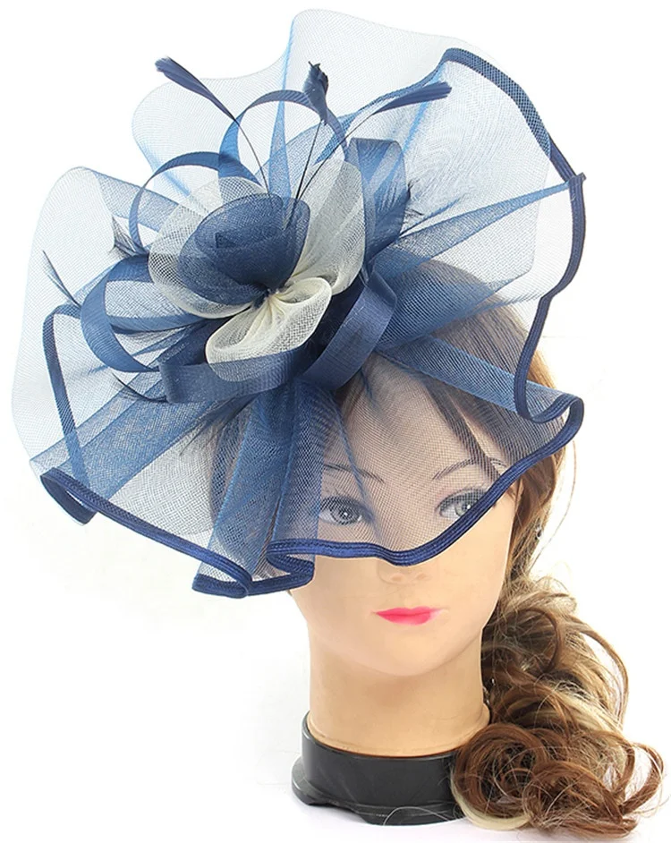 Повязка для волос sinamay женская с перьями, вечерний аксессуар для волос, крупная темно-синяя Вуалетка ручной работы, головной убор