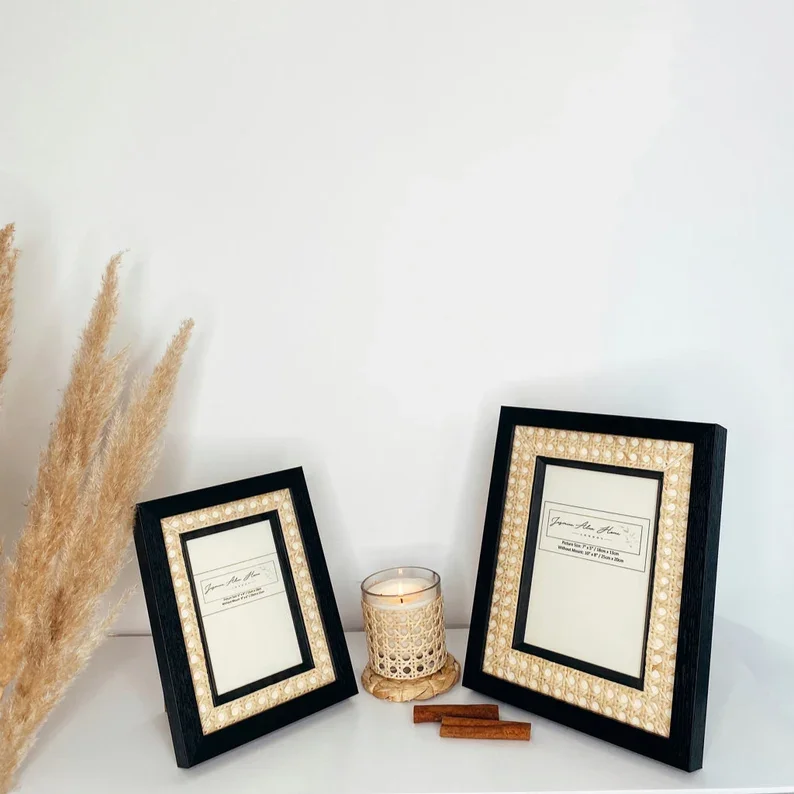 Handmade Caning woven Rattan Picture Frame Matte Black Rattan Photo Frame