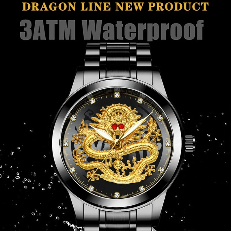 FNGEEN Couple Luxury Full Gold Clock Big Dial Dragon Phoenix Waterproof Men Women Luminous Calendar Date Round Quartz Watches