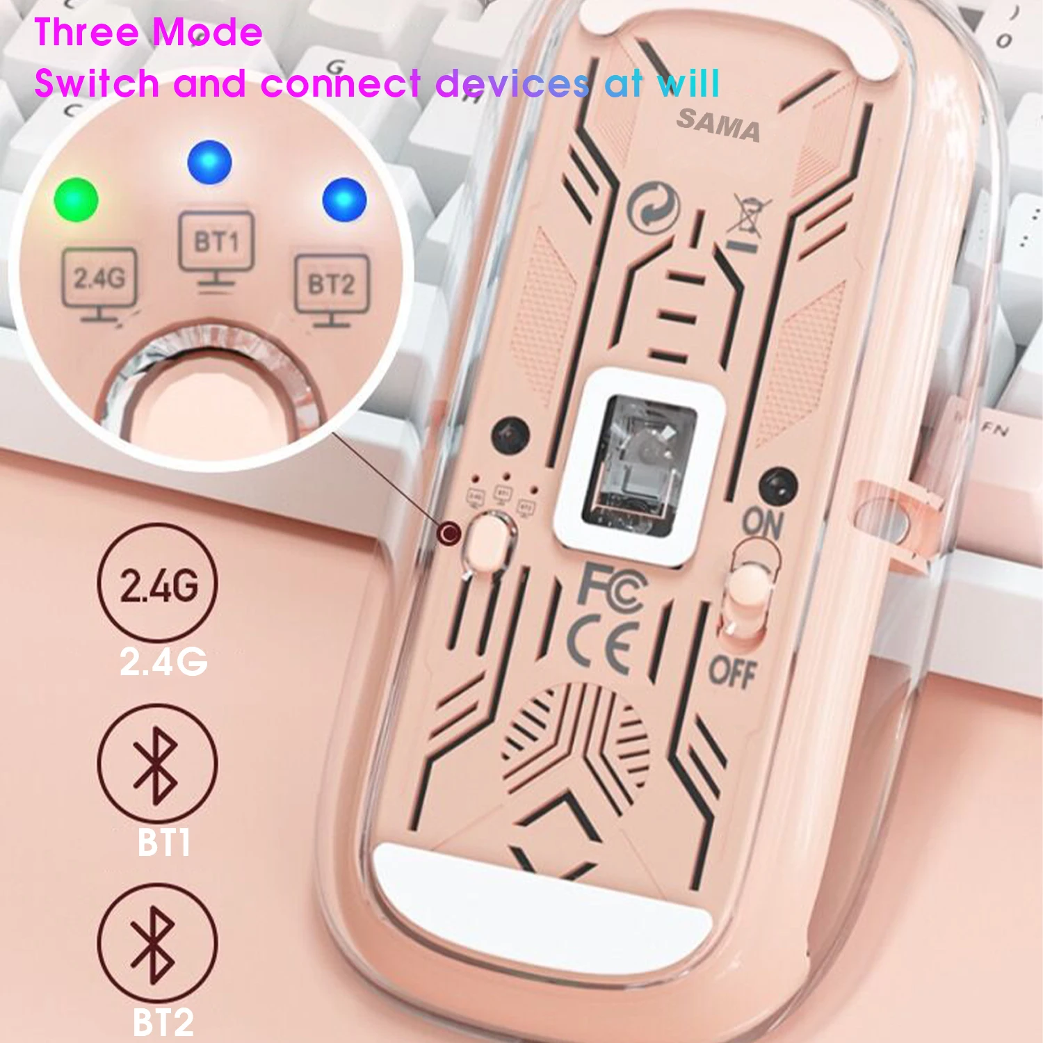 Беспроводная игровая мышь SAMA, полностью прозрачный двойной режим, 2,4 г, BT, эргономичная Бесшумная перезаряжаемая оконная компьютерная мышь