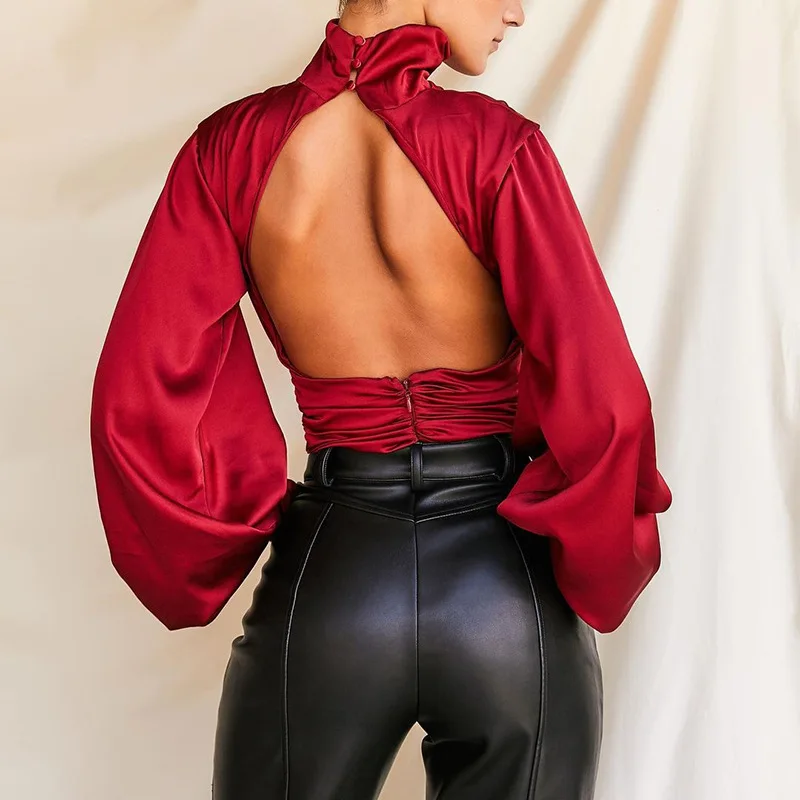 2022 Solid Red Puff Sleeve Backless Turtleneck Silk Satin Rompers Corset Jumpsuit Elegant Spring Bodysuits