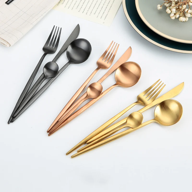 
Fast Delivery 18/10 Stainless Steel Eco Friendly Matte Cutlery Modern Luxury Bulk Travel Dining Table Flatware Set 4 Piece 
