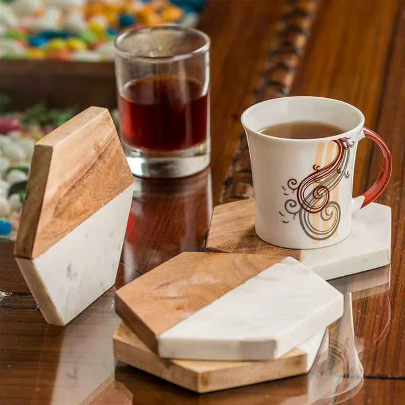 Factory Wholesale Square White Wooden Marble Coaster Round Hexagon Marble And Wood Coasters 4 Set For Tea Drink