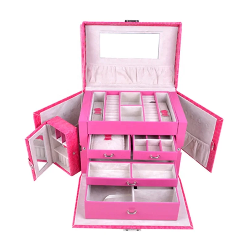 Большая шкатулка для ювелирных изделий с зеркалом и 3 выдвижными ящиками, розового цвета, поднос для демонстрации колец, лучшие подарки на день матери 2021 -PU168b