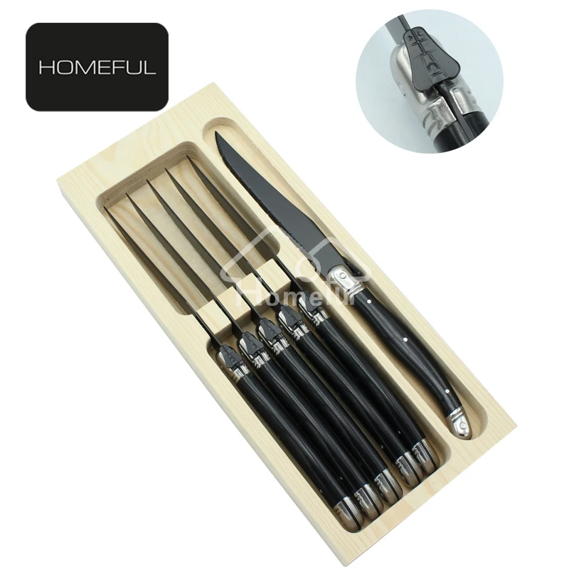 New collection laguiole steak knife set with black coating serrated blade and ABS handle